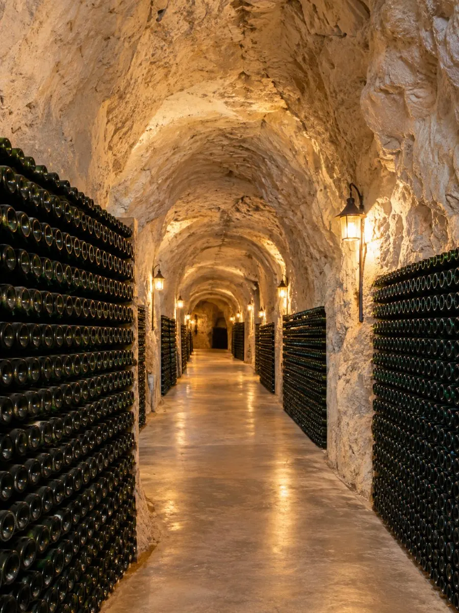 A chalk cellar gallery in Reims lined with bottles, lit by warm lamps