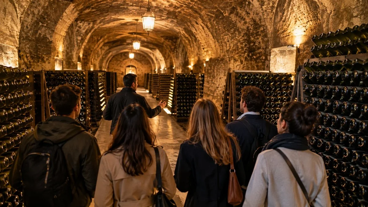 A guide leading a small group through a chalk cellar lined with ageing bottles
