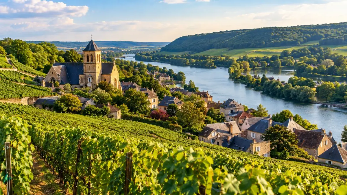 Vineyard slopes falling towards the Marne valley below a hill village